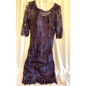 Clocolor Eggplant Purple, Lace Overlay Wiggle Style Dress - See Measurements